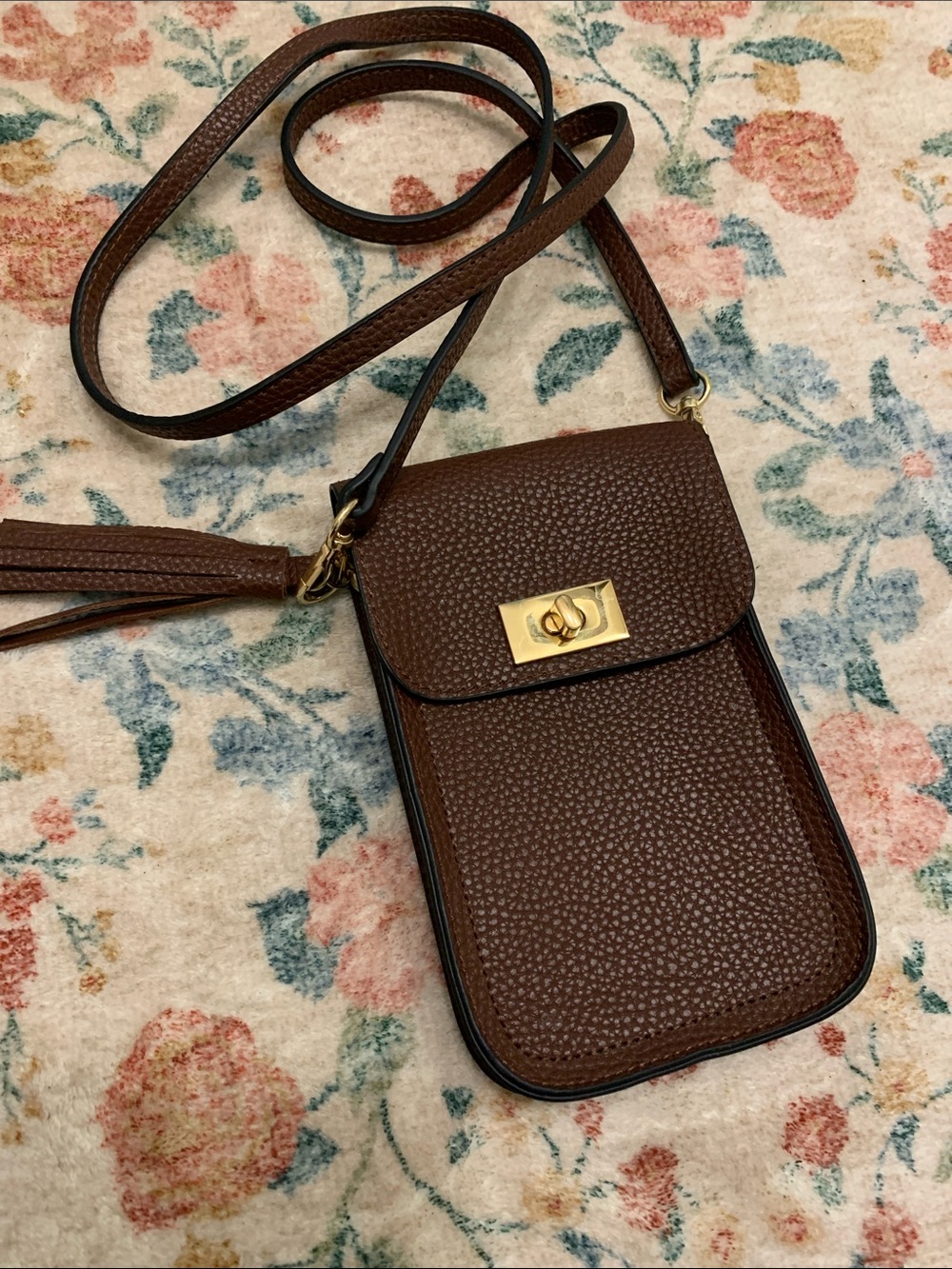 Classic Brown Crossbody Phone Bag with Gold Hardware